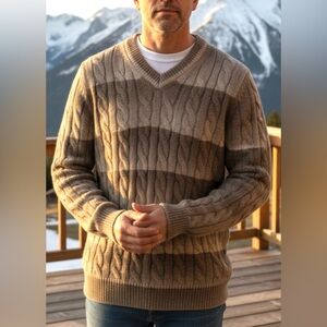 Joseph Abboud Ltd Ed Sweater L Tan Brown Wool Acrylic V Neck Made In Italy NWOT